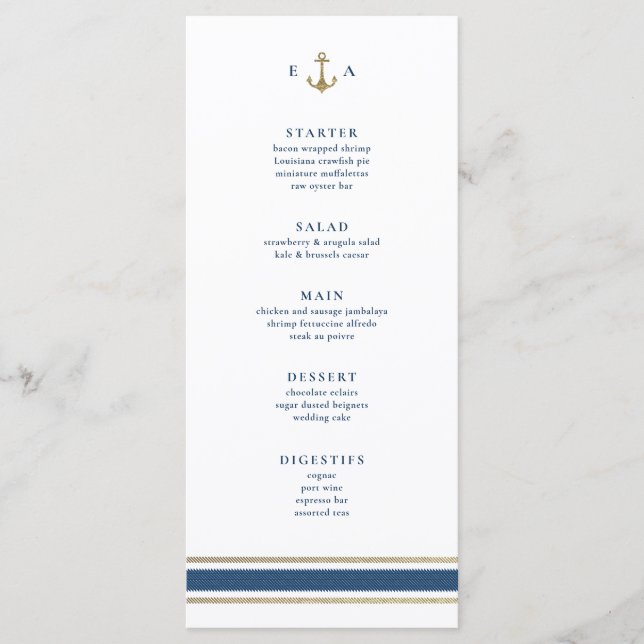 Nautical Monogram Gold and Blue Wedding Menu (Front)
