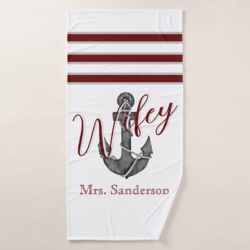 Nautical Monogram Maroon Red Floral Anchor  Bath Towel