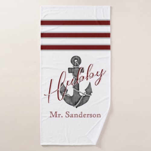 Nautical Monogram Maroon Red Floral Anchor  Bath Towel