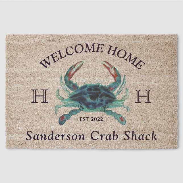Nautical Monogram Name Teal Blue Crab Welcome Fiber Doormat (Front)