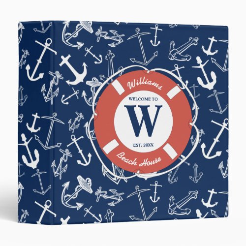 Nautical Monogram Navy Blue Anchor Beach House 3 Ring Binder