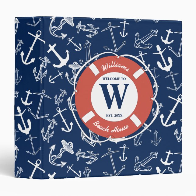 Nautical Monogram Navy Blue Anchor Beach House 3 Ring Binder (Front/Spine)