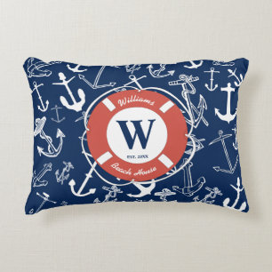 Nautical Monogram Navy Blue Anchor Beach House Accent Pillow
