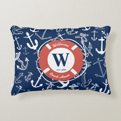 Nautical Monogram Navy Blue Anchor Beach House Accent Pillow