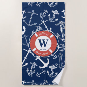 Nautical Monogram Navy Blue Anchor Beach House Beach Towel