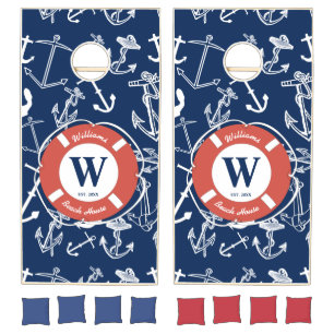 Nautical Monogram Navy Blue Anchor Beach House Cornhole Set