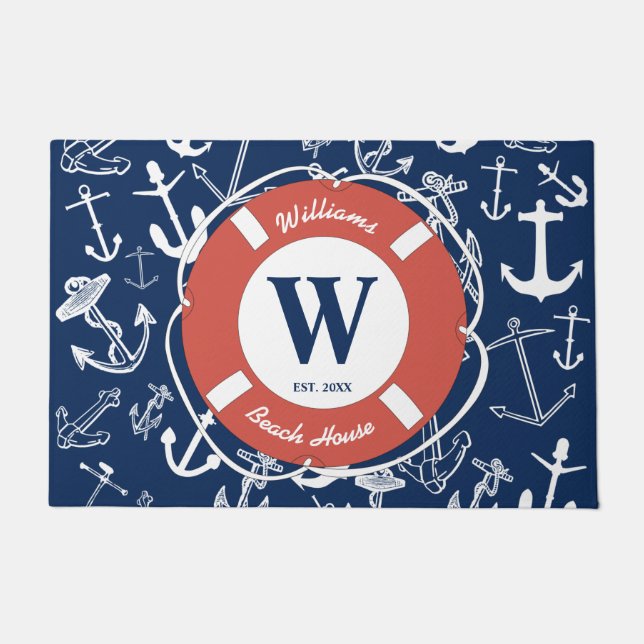 Nautical Monogram Navy Blue Anchor Beach House Doormat (Front)