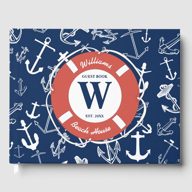 Nautical Monogram Navy Blue Anchor Beach House Guest Book (Front)