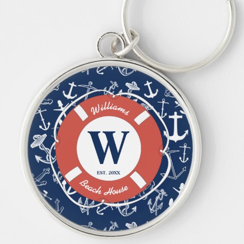 Nautical Monogram Navy Blue Anchor Beach House Keychain