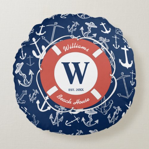 Nautical Monogram Navy Blue Anchor Beach House Round Pillow