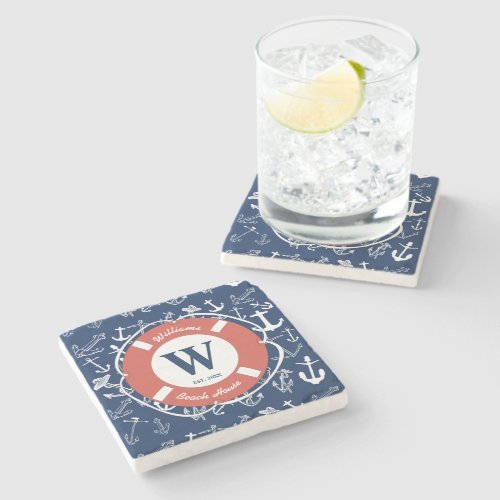 Nautical Monogram Navy Blue Anchor Beach House  Stone Coaster