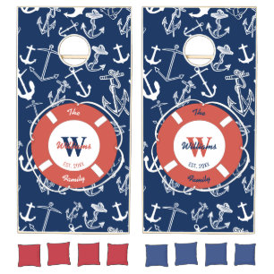 Nautical Monogram Navy Blue Anchor Family Cornhole Set