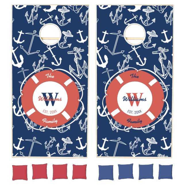 Nautical Monogram Navy Blue Anchor Family Cornhole Set (Set)
