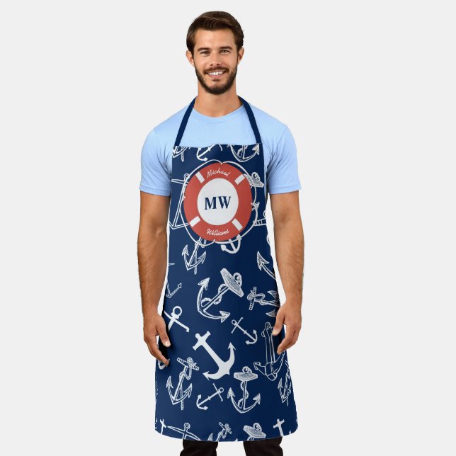 Nautical Monogram Navy Blue Anchor Pattern Apron (Worn)
