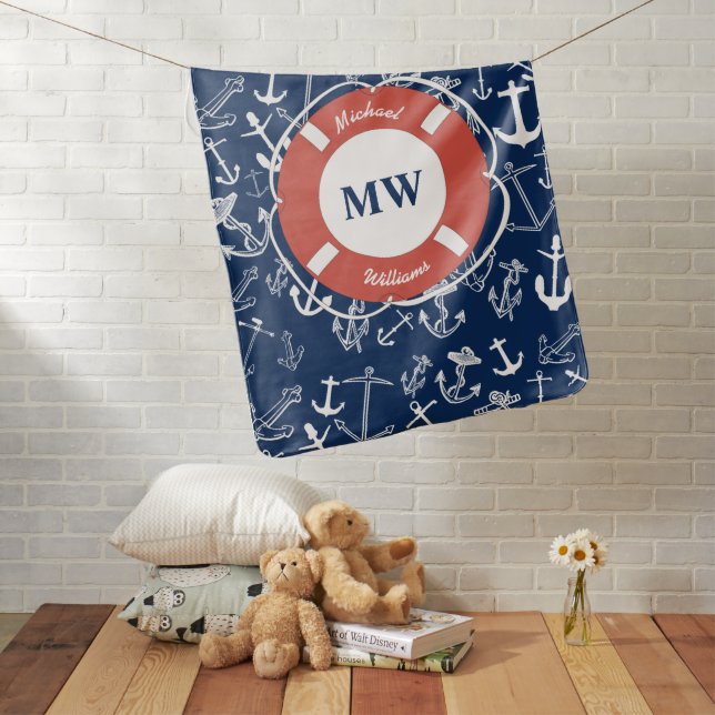 Nautical Monogram Navy Blue Anchor Pattern Baby Blanket (In Situ)