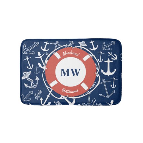 Nautical Monogram Navy Blue Anchor Pattern Bath Mat