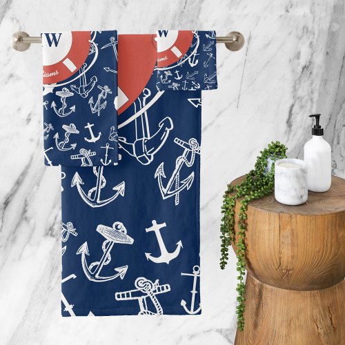 Nautical Monogram Navy Blue Anchor Pattern Bath Towel Set