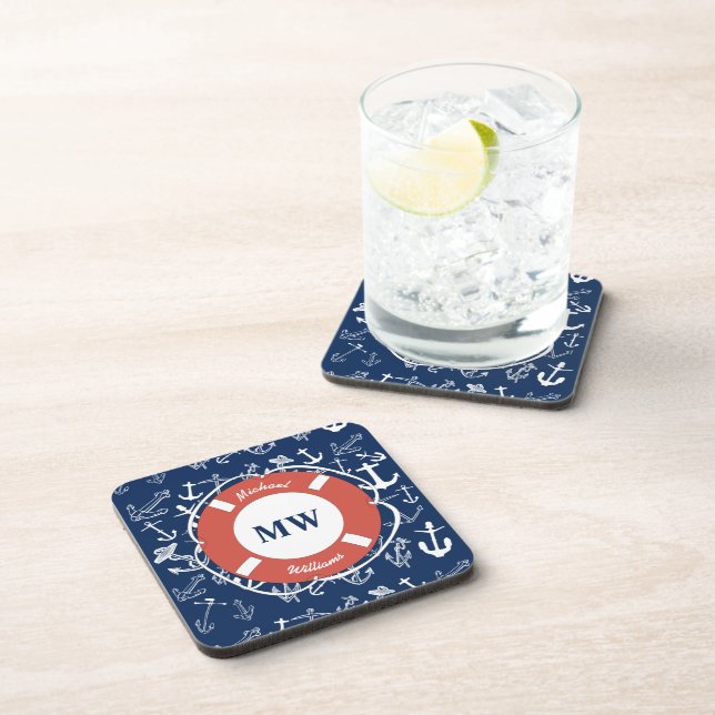 Nautical Monogram Navy Blue Anchor Pattern Beverage Coaster (Right Side)
