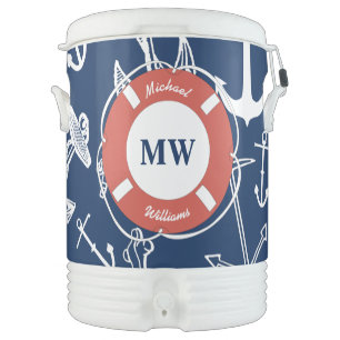 Nautical Monogram Navy Blue Anchor Pattern Beverage Cooler