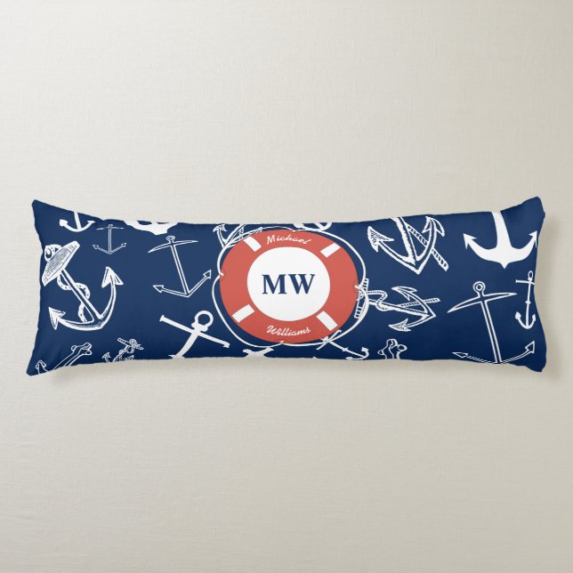 Nautical Monogram Navy Blue Anchor Pattern Body Pillow (Front)