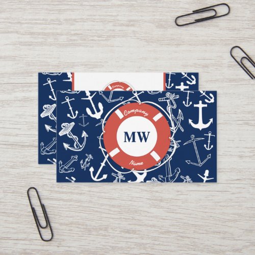 Nautical Monogram Navy Blue Anchor Pattern Business Card