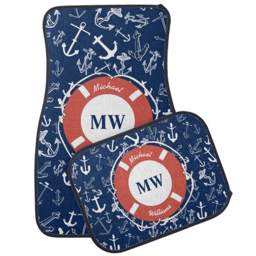 Nautical Monogram Navy Blue Anchor Pattern Car Floor Mat