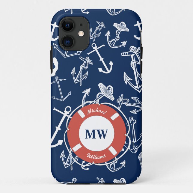 Nautical Monogram Navy Blue Anchor Pattern Case-Mate iPhone Case (Back)