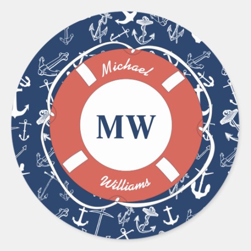 Nautical Monogram Navy Blue Anchor Pattern Classic Round Sticker