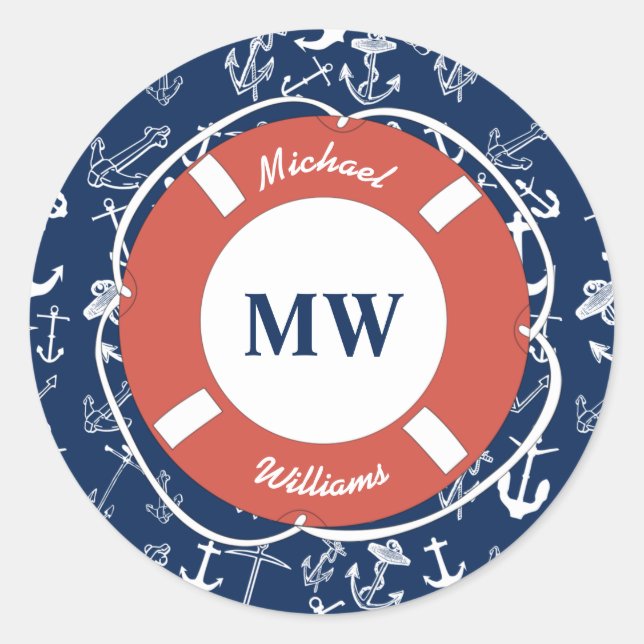 Nautical Monogram Navy Blue Anchor Pattern Classic Round Sticker (Front)