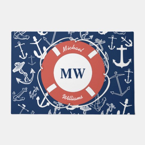 Nautical Monogram Navy Blue Anchor Pattern Doormat