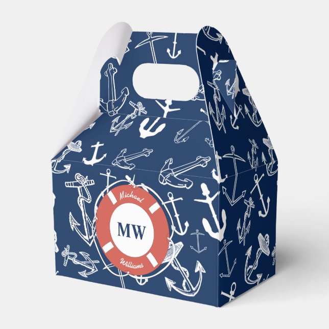 Nautical Monogram Navy Blue Anchor Pattern Favor Boxes (Front Side)