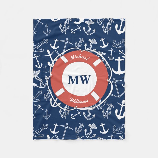 Nautical Monogram Navy Blue Anchor Pattern Fleece Blanket (Front)