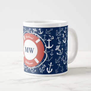 Nautical Monogram Navy Blue Anchor Pattern Giant Coffee Mug