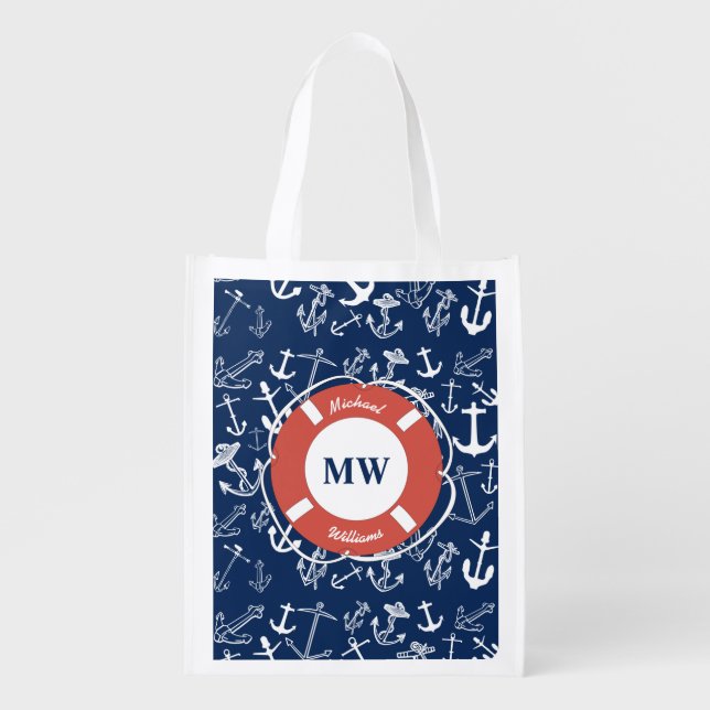 Nautical Monogram Navy Blue Anchor Pattern Grocery Bag (Front)