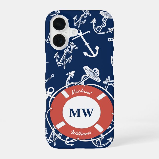 Nautical Monogram Navy Blue Anchor Pattern Iphone Case (Back)