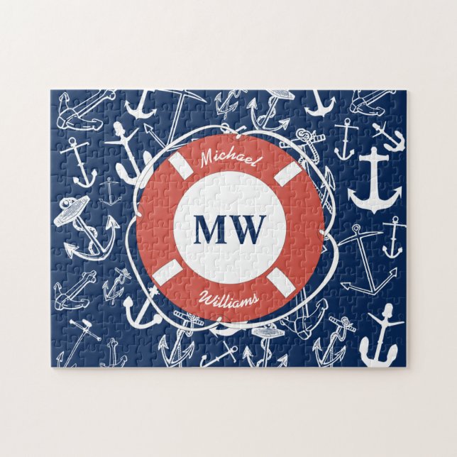 Nautical Monogram Navy Blue Anchor Pattern Jigsaw Puzzle (Horizontal)