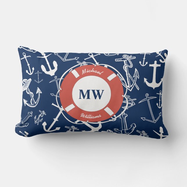 Nautical Monogram Navy Blue Anchor Pattern Lumbar Pillow (Front)