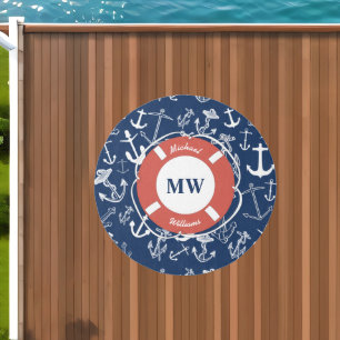 Nautical Monogram Navy Blue Anchor Pattern Outdoor Rug