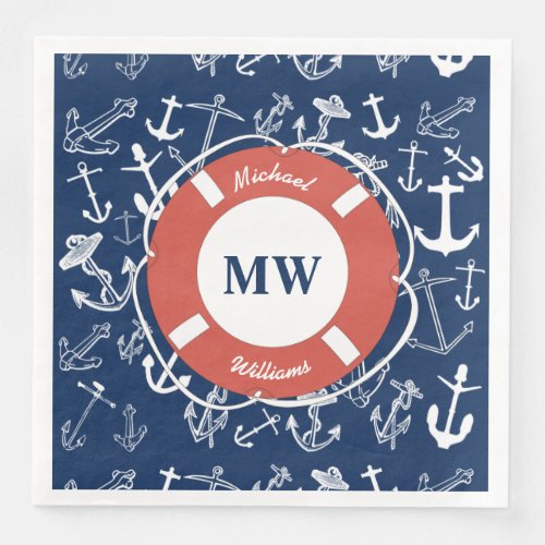 Nautical Monogram Navy Blue Anchor Pattern Paper Dinner Napkins
