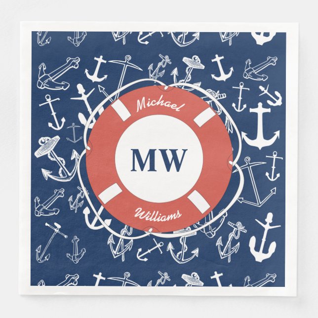 Nautical Monogram Navy Blue Anchor Pattern Paper Dinner Napkins (Front)