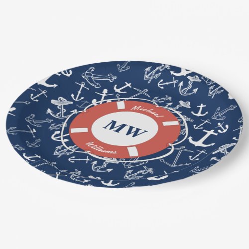 Nautical Monogram Navy Blue Anchor Pattern Paper Plates