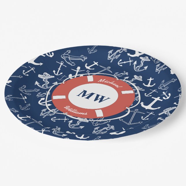 Nautical Monogram Navy Blue Anchor Pattern Paper Plates (Angled)