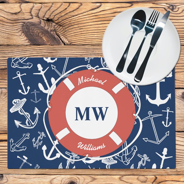 Nautical Monogram Navy Blue Anchor Pattern Placemat (Creator Uploaded)