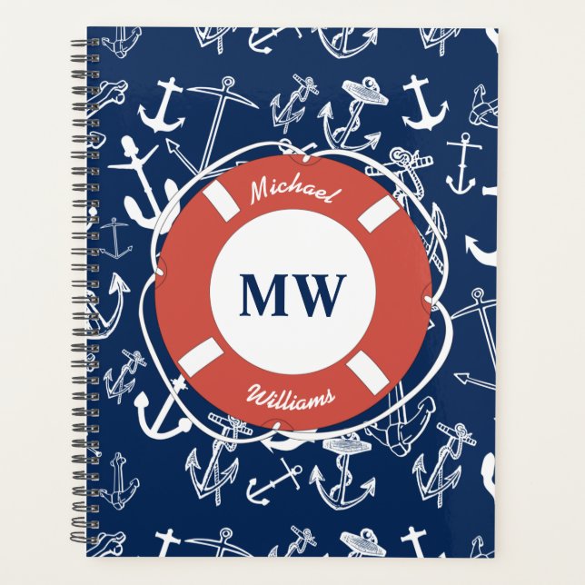 Nautical Monogram Navy Blue Anchor Pattern  Planner (Front)
