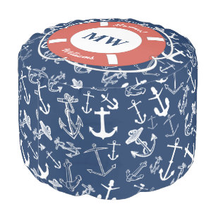 Nautical Monogram Navy Blue Anchor Pattern Pouf