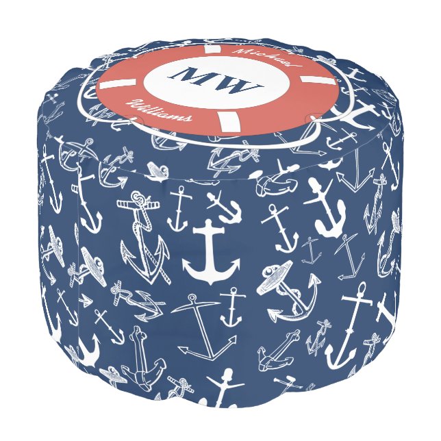 Nautical Monogram Navy Blue Anchor Pattern Pouf (Angled Back)