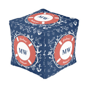 Nautical Monogram Navy Blue Anchor Pattern Pouf
