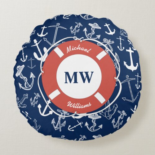 Nautical Monogram Navy Blue Anchor Pattern Round Pillow