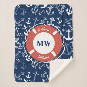 Nautical Monogram Navy Blue Anchor Pattern Sherpa Blanket
