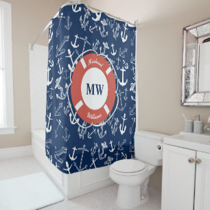 Nautical Monogram Navy Blue Anchor Pattern Shower Curtain
